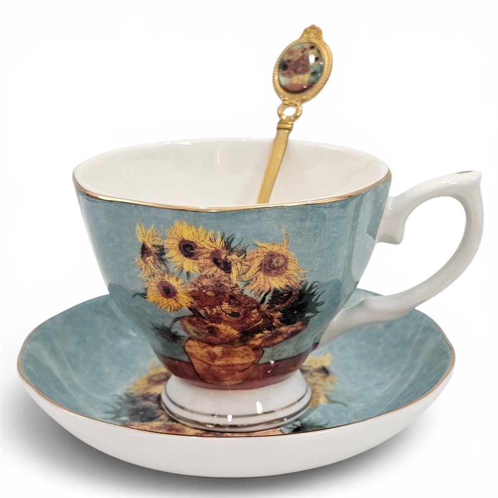 Vintage Vincent Van Gogh Sunflowers Porcelain Teacup Saucer Spoon Set